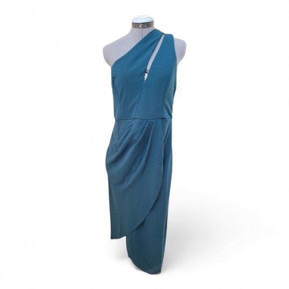 Lulus Fabulous Forever Teal One-Shoulder Cutout Tulip Midi Dress Size Large - Picture 5 of 8